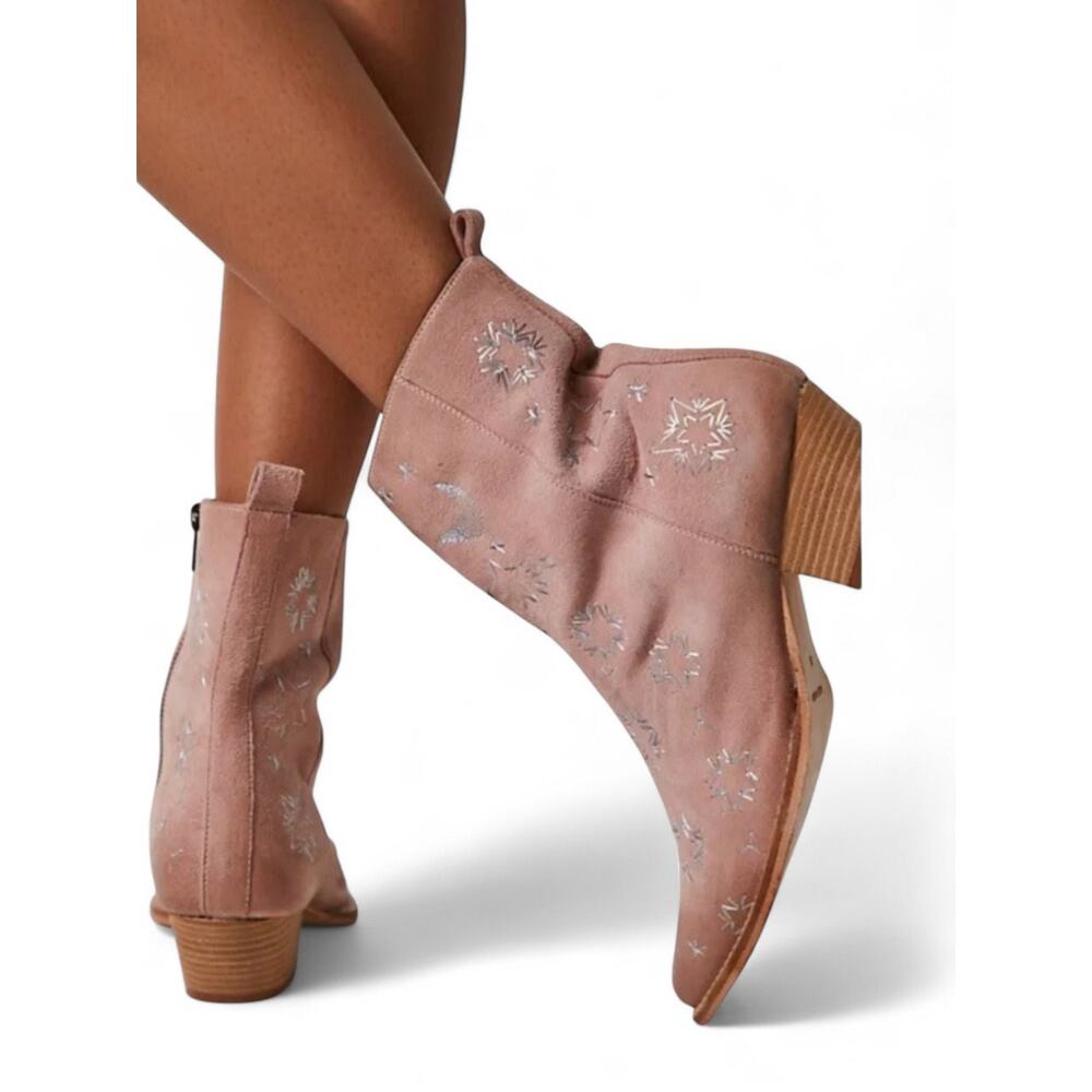 Free People Bowers Pink Star Moon Embroidered Western Boots 9 39 NWOT Distressed - Picture 7 of 10